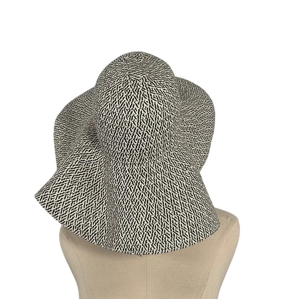 J.Crew Wide Brim Straw‎ Sun Hat Black White Geometric Floppy Beach Hat 5707